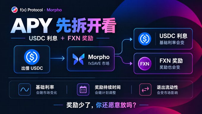 Chinese-language infographic for 'f(x) Protocol - Morpho' explaining APY breakdown, showing USDC lending flow into Morpho's fxSAVE market for USDC interest plus FXN rewards.