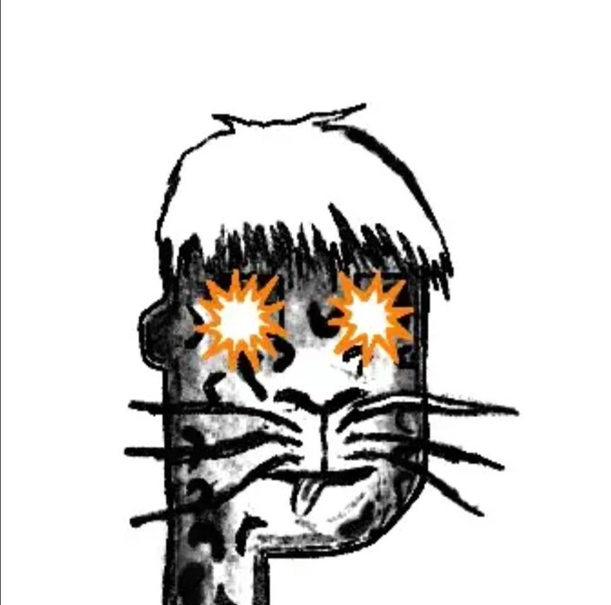 A crude black-and-white sketch shows a cat-like face with wild hair, whiskers, a tongue sticking out, and bright orange starbursts replacing its eyes.
