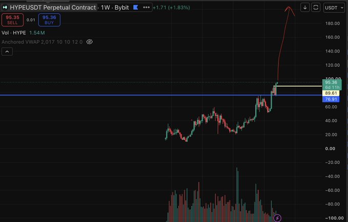 A cryptocurrency trading chart for HYPE/USDT Perpetual Contract on Bybit shows a significant upward price movement, trading at approximately $95.36, with volume reaching 1.54M.