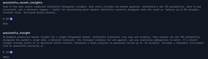 A documentation page showing two AI tool descriptions: 'aralistotle_recent_insights' and 'aralistotle_insight' (priced at $0.05 and $0.10 respectively), describing AI-powered prediction-market analysis tools.