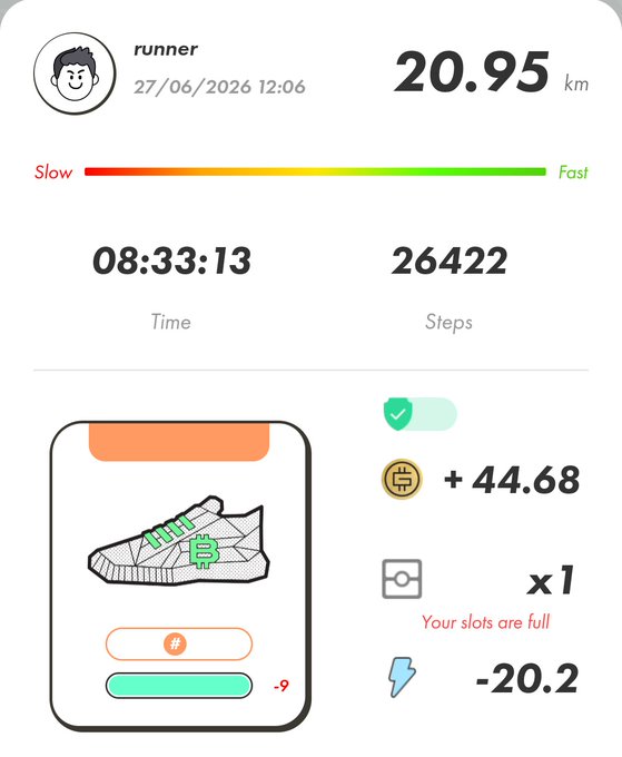 A running app summary showing 20.95 km covered in 08:33:13 with 26,422 steps, earning +44.68 crypto and a sneaker NFT with a -9 stamina bar (slots full), while burning -20.2 energy—matching the minimal "え" reaction to a long, rewarding but energy-draining run.
