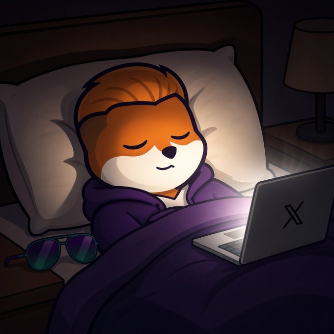 An animated cartoon character sleeps peacefully in bed under purple blankets with a laptop and sunglasses nearby, illuminated by a bedside lamp.