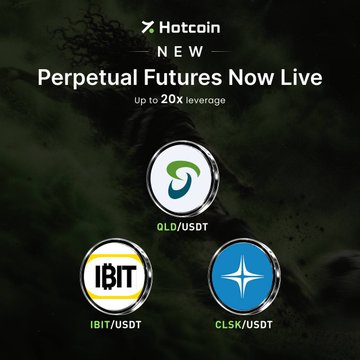 A Hotcoin promotional graphic announcing 'NEW Perpetual Futures Now Live' with up to 20x leverage, featuring QLD/USDT, IBIT/USDT, and CLSK/USDT trading pairs.