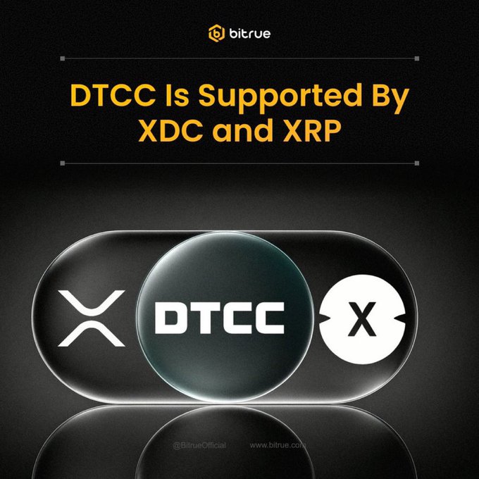A Bitrue promotional graphic featuring XRP and XDC logos flanking a central DTCC emblem, under the headline "DTCC Is Supported By XDC and XRP," visually reinforcing the post's claim about DTCC's involvement with the XRP ecosystem.