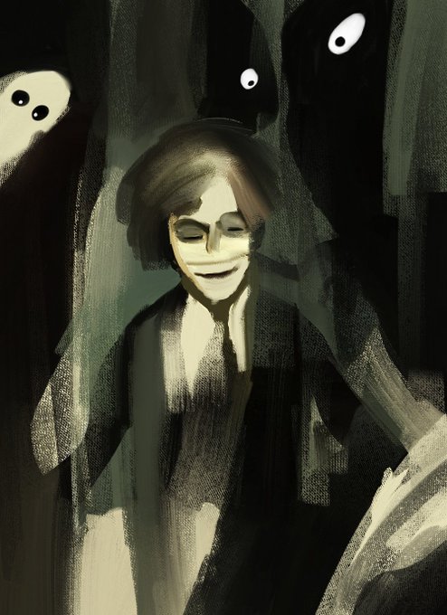 A dark, eerie digital painting of a smiling person with closed eyes surrounded by shadowy figures with glowing white eyes peering from the darkness.