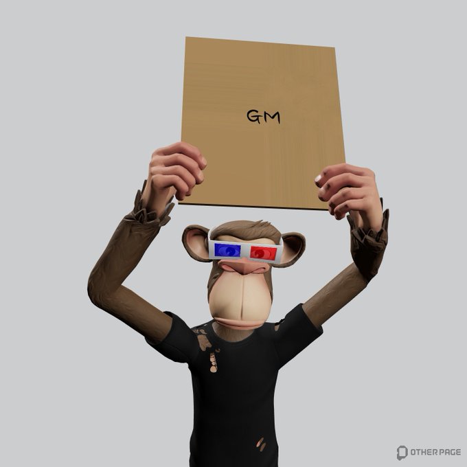 A 3D animated monkey character wearing red and blue 3D glasses holds up a cardboard box labeled 'GM' above its head, with an 'OTHER PAGE' watermark in the corner.