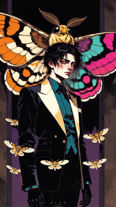 A stylized digital illustration depicts a pale, dark-haired figure in a black suit with a teal shirt, surrounded by large, vibrantly colored butterfly wings and smaller bees, signed "WLIR" at the bottom.