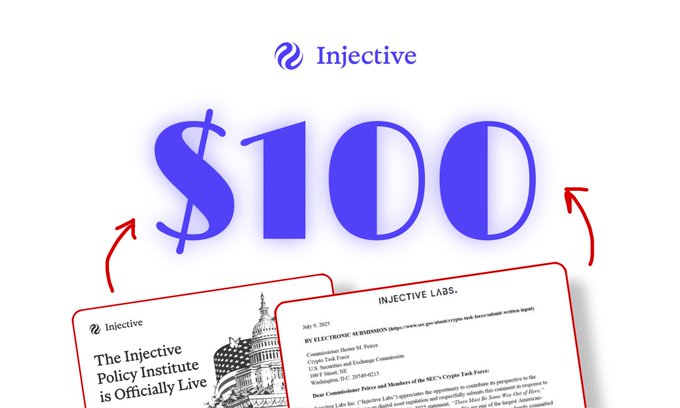 A promotional image featuring the Injective ($INJ) logo above a large blue "$100" target price, with arrows pointing upward and images of the "Injective Policy Institute" letter and an SEC comment letter from July 2025 addressing Commissioner Hester Peirce and the SEC's Crypto Task Force, visually reinforcing the claim that $INJ could reach $100 due to Injective's regulatory advocacy with the SEC.