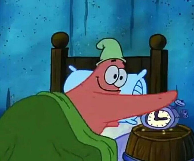 Patrick Star from SpongeBob SquarePants wakes up in bed with a smile, gazing at an alarm clock showing 6:00, as if ready to greet the morning just like the cheerful "Good morning" greeting suggests.