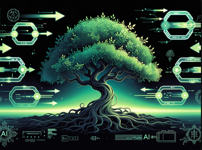 The image displays a vibrant green tree with sprawling roots set against a futuristic circuit board background featuring "AI" text in the corners, symbolizing deep-rooted infrastructure supporting technological growth. This visual metaphor aligns with the post's emphasis on strong foundational infrastructure—much like the tree's extensive root system—as essential for enabling progress in ecosystems like the crypto market, with @CNPYNetwork being highlighted for its infrastructure focus.