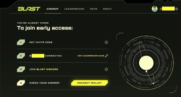 A screenshot of a website titled 'BLURST' with an early access registration form, showing fields to 'SET INVITE CODE', 'CONNECT WALLET', 'JOIN BLAXT DISCORD', and 'CHECK YOUR AIRDROP' alongside a futuristic circular graphic.