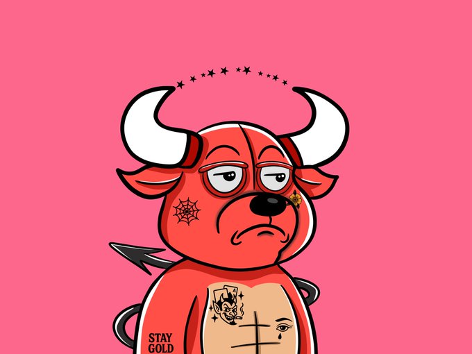 A cartoon illustration of a red bull with a sad expression against a pink background, featuring a spiderweb tattoo, a demon chest tattoo, the text 'STAY GOLD,' and stars circling above its head.