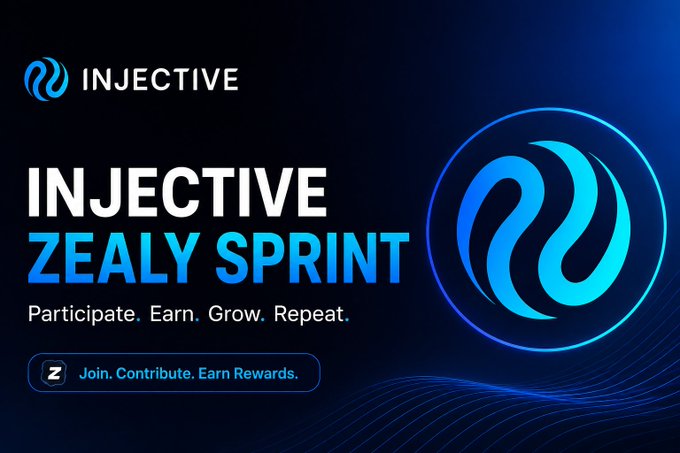 A promotional banner for "INJECTIVE" announcing the "INJECTIVE ZEALY SPRINT" with the tagline "Participate. Earn. Grow. Repeat." and a button reading "Join. Contribute. Earn Rewards."