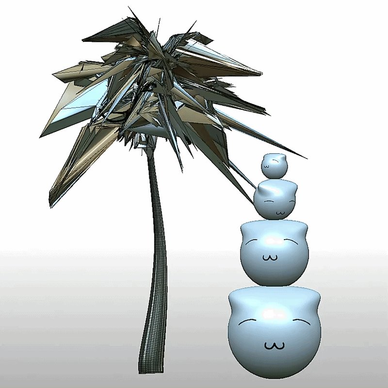 The image features a 3D rendering of a palm tree with a unique design, resembling a stack of cats sitting atop each other. The palm tree has multiple levels, giving it an interesting and eye-catching appearance. Below the palm tree, there is a smaller version of the same cat sculpture, also designed to look like a stack of cats. The image includes text that reads "My cats love palm tree …………………….. Synthetic Palm Tree" (1/1 @objktcom), which seems to be related to the 3D rendering or design of the palm tree and the cat sculptures.