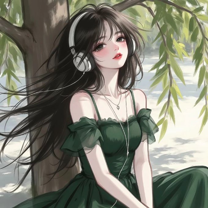 An anime-style illustration of a young woman with long black hair wearing white headphones and a green dress with ruffled sleeves, sitting under a tree with a stream in the background.