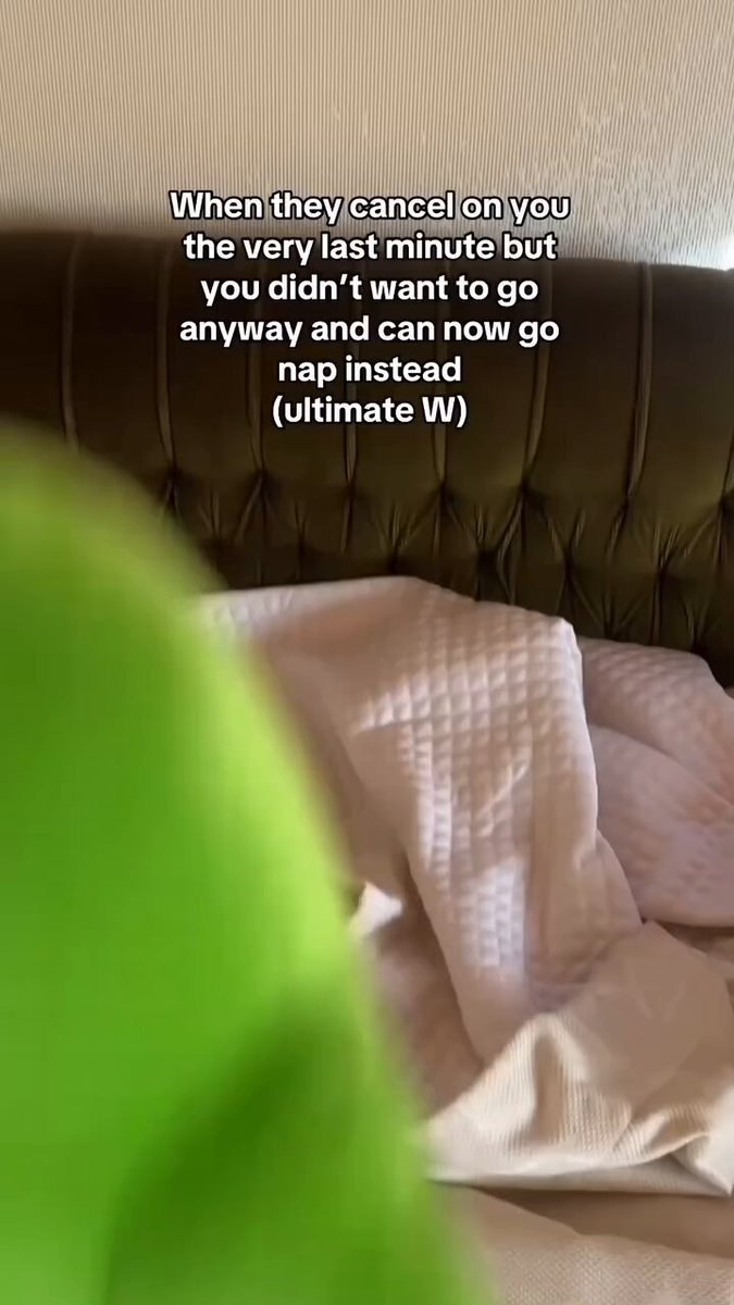 The image shows a green stuffed animal lying on top of an unmade bed with white sheets. The caption above the image reads "When they cancel on you, the very last minute but not anymore you didn't want to go and nap instead (Ultimate W). Focus on what is in the image and how it relates to the post." This suggests that the image is related to a discussion about sustainable web3 growth or the importance of developing healthy habits. The green stuffed animal could be used as an example of focusing on everyday value rather than chasing speculative trends, which aligns with the message conveyed by the caption above the image.
