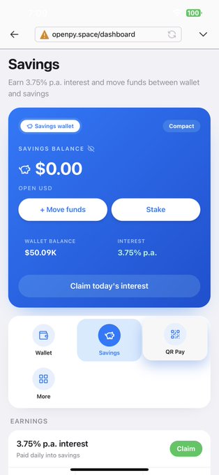 The image shows the OpenPay Savings dashboard interface displaying a savings balance of $0.00 in OPEN USD, a wallet balance of $50.09K, and a 3.75% p.a. interest rate with options to move funds, stake, or claim interest. It visually reinforces the post's message by showcasing the platform's savings features, including daily interest claims and the ability to transfer funds between wallet and savings balances.