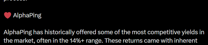 A dark-themed social media post from user AlphaPing discussing how the protocol "historically offered some of the most competitive yields in the market, often in the 14%+ range," with the post being criticized for highlighting past returns despite recent losses from accepting collateral from platforms that halted withdrawals.
