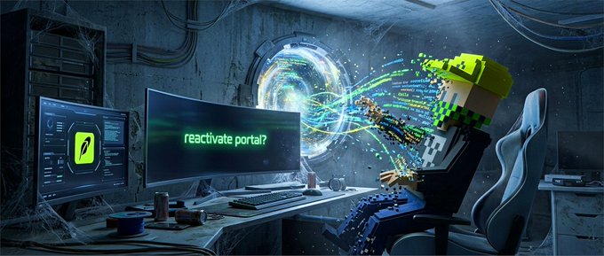 A promotional image showing a Minecraft-style character at a computer monitor displaying the text 'reactivate portal?' with a glowing portal in the background.