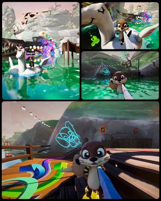 A collage of four screenshots from a video game featuring a cartoon otter character in colorful, paint-splattered environments, with 'Steph' visible in one frame.