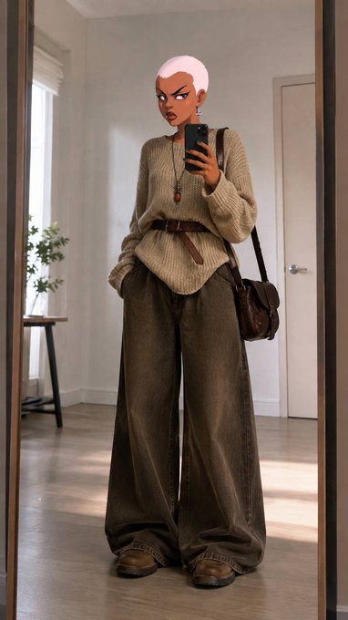 A mirror selfie of a person wearing a beige sweater, wide-leg olive green pants, and brown shoes, with a cartoon face filter applied to their head.