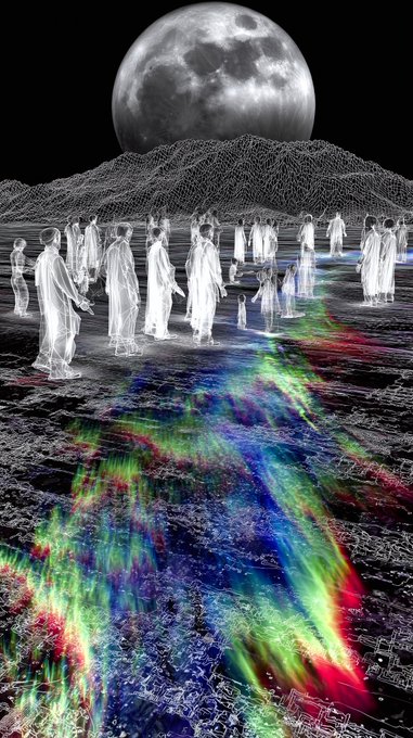 A surreal black and white artwork showing ghostly figures standing on a landscape under a large full moon, with vibrant rainbow-colored light projections illuminating the foreground.