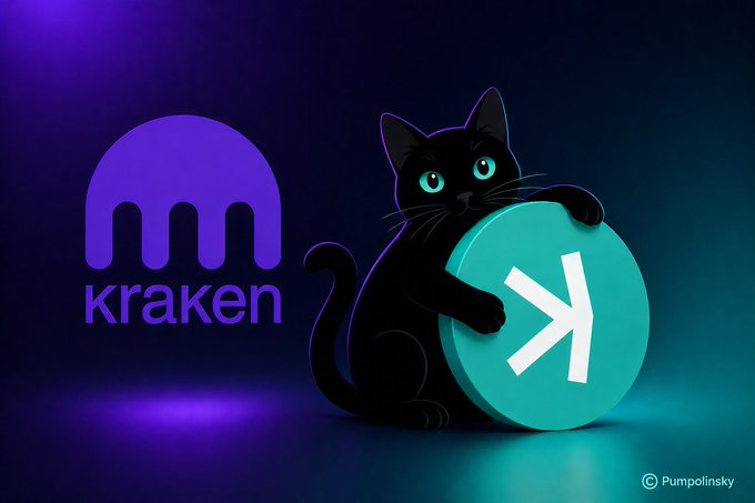The image features a black cat sitting next to a green circle with a white arrow pointing towards it, which has the word "kraken" written on it. The background of the image is dark blue, and there are purple and white elements in the scene as well. In the bottom right corner of the image, there's a post that reads: 
"Hey @krakenfx & @pdimitrakos What happened to listing $KAS Memecoins? Let hem know in the comments".