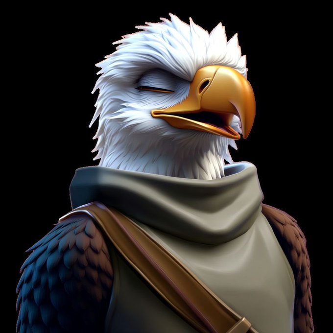 A 3D-rendered anthropomorphic eagle with a white-feathered head, golden beak, and armored shoulders wears a beige hooded scarf against a dark background. The image conveys a sense of peaceful rest and winding down, fitting the post's "good night" message to the Grinders community, while the eagle's regal, warrior-like appearance complements the post's mention of CNPY Network's powerful blockchain-building tools.