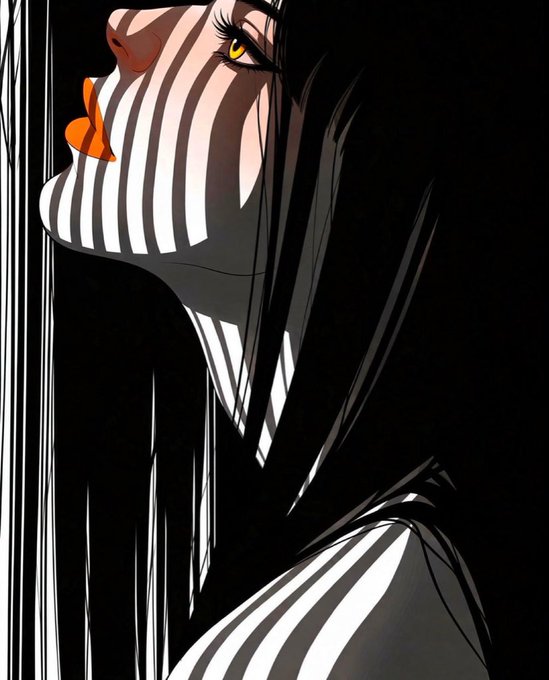 A stylized anime-style illustration of a woman in profile with striking yellow eyes, her face and body partially obscured by dramatic vertical white and black shadow stripes against a black background.