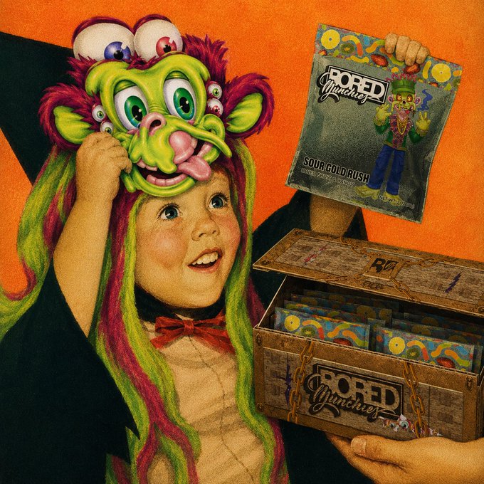 A vintage-style illustration shows a child wearing a grotesque green monster mask while holding a Bored Monkey 'Sour Gold Rush' snack box and branded wooden crate.