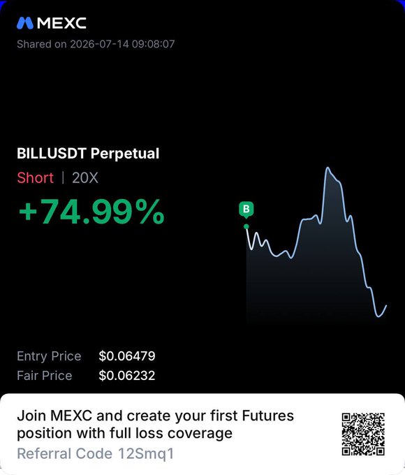 A MEXC promotional screenshot showcases a profitable +74.99% short position on BILLUSDT Perpetual with 20X leverage, showing entry price $0.06479 and fair price $0.06232, visually supporting the post's "Send $Bill to the moon" celebration of trading success.