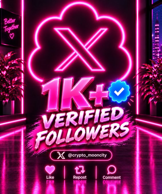 A neon pink social media graphic celebrating '1K+ VERIFIED FOLLOWERS' for @crypto_mooncity with 'Better Together' text and engagement icons.