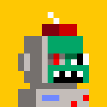 A pixel art character with a green face, red and dark red top, and gray body on a yellow background, creating an abstract geometric figure.