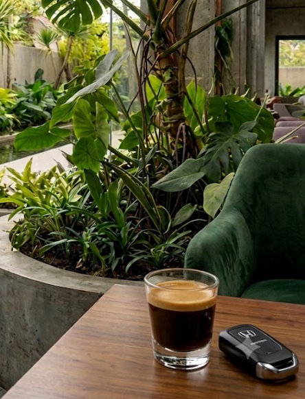 A glass of espresso with a small car key fob sitting on a wooden table in a café, with a green velvet chair and lush green plants in the background.