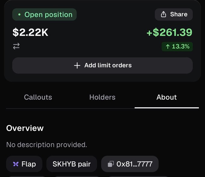 A Pumpfun mobile app interface displays an open position worth $2.22K with a gain of +$261.39 (13.3%), featuring an "Add limit orders" button and a SKHYB trading pair. The screenshot illustrates the new limit order functionality on BNB coins mentioned in the post, showing a "SKHYB pair" with an "Add limit orders" option, the first mobile app roll-out of this feature for BNB-chain tokens.