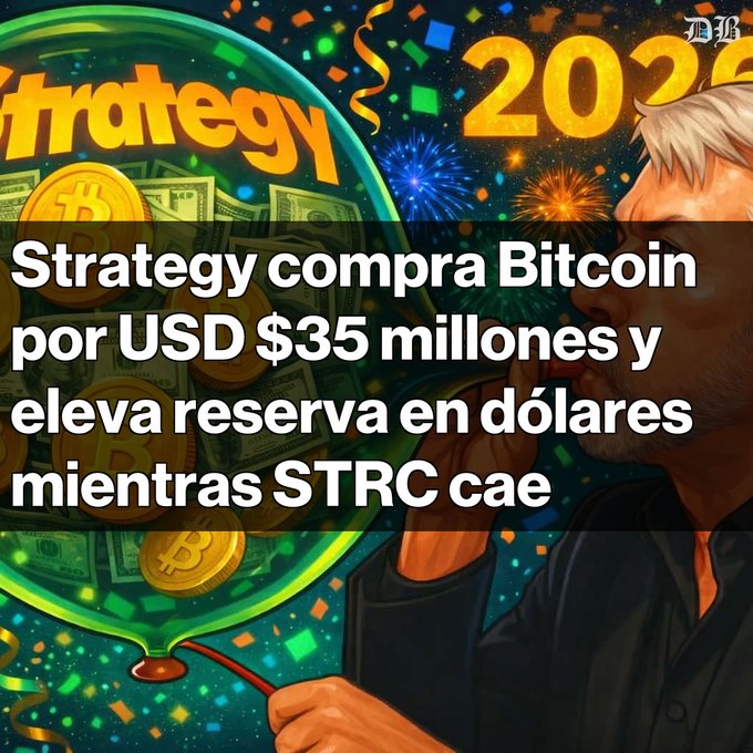 The image shows a man dressed in black holding up a green balloon with an orange and blue design inside of it, which says "Strategy". Below him there is text written in both Spanish and English that appears to be related to Bitcoin or cryptocurrency. The caption suggests that the strategy for gaining money from Bitcoin can include investing in Bitcoins as opposed to just using them for transactions.