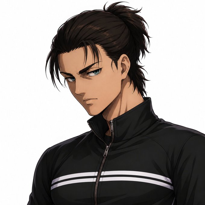 An anime-style illustration of a man with dark hair in a ponytail, wearing a black athletic jacket with white stripes, looking sideways with a serious expression.