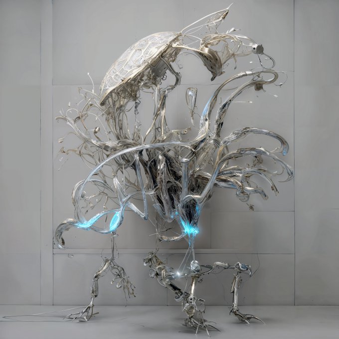 The image features a large metallic art piece that resembles a bird or perhaps an octopus with wings, legs, and tentacles protruding from its body. The sculpture is positioned against a white wall or backdrop, adding depth to the overall visual presentation. The artwork appears to be crafted using wires and other metal elements, which give it a unique and intricate design. The image also includes a caption that reads "Collected on Verse Secondary Sougwen Chung, BODY MACHINES #15 @sougwen on Ethereum: verse.works/sougwen-chung".