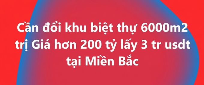 A bold red and blue graphic features Vietnamese text reading "Cần đổi khu biệt thư 6000m2 trị Giá hơn 200 tỷ lấy 3 tr usdt tại Miền Bắc," highlighting an offer to trade a 6,000m2 villa complex worth over 200 billion VND for 3 million USDT (~78 billion VND) in Northern Vietnam, reflecting the post's commentary on steep real estate losses.