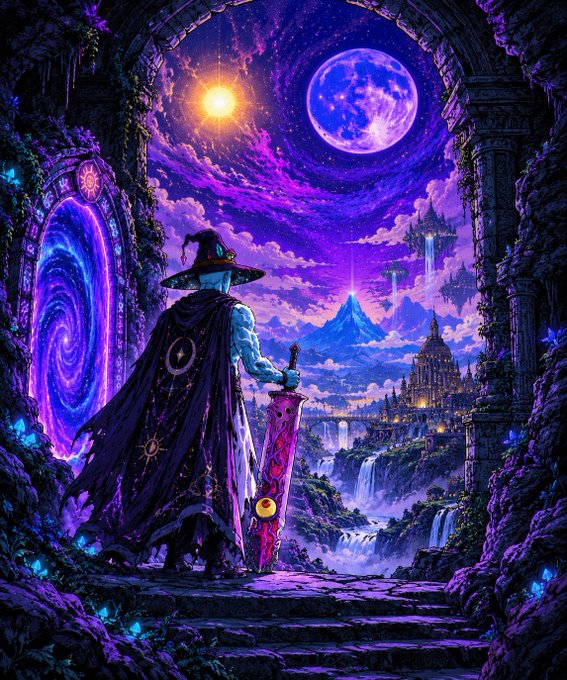 A vibrant fantasy illustration of a wizard in a wide-brimmed hat and flowing cape holding a sword, standing in a stone archway looking out over waterfalls, floating castles, and a cosmic sky with a large moon.