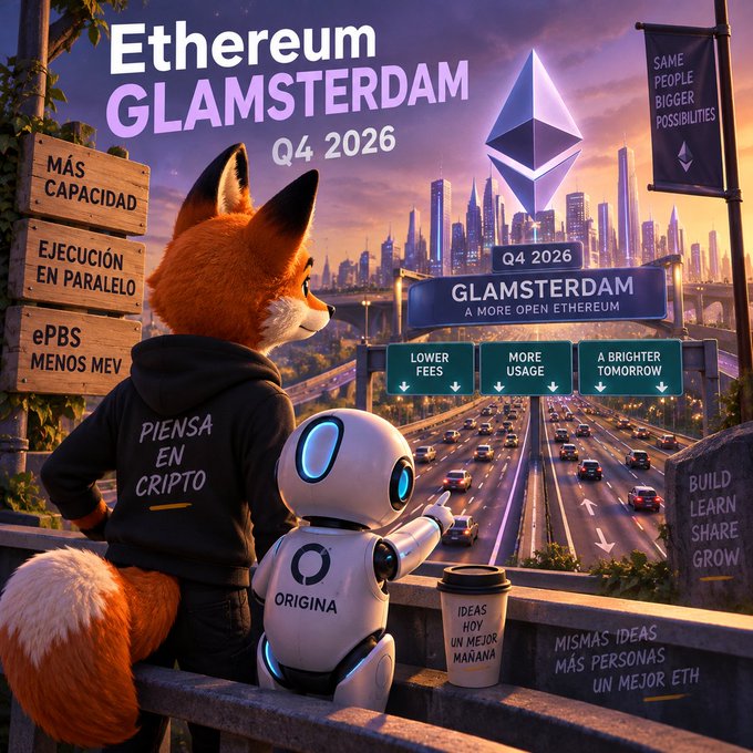 A promotional graphic titled 'Ethereum GLAMSTERDAM Q4 2026' featuring an anthropomorphic fox wearing a 'Piensa en Cripto' hoodie alongside a small robot, overlooking a futuristic highway cityscape.