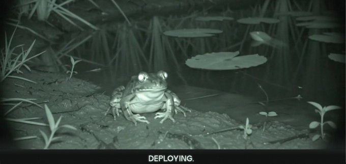 A large bullfrog sits alertly at the edge of a pond at night, captured in night-vision green with the word "DEPLOYING." displayed below, symbolizing the imminent launch of a new crypto trading platform on Robinhood as a strategic leap into tokenized chains.