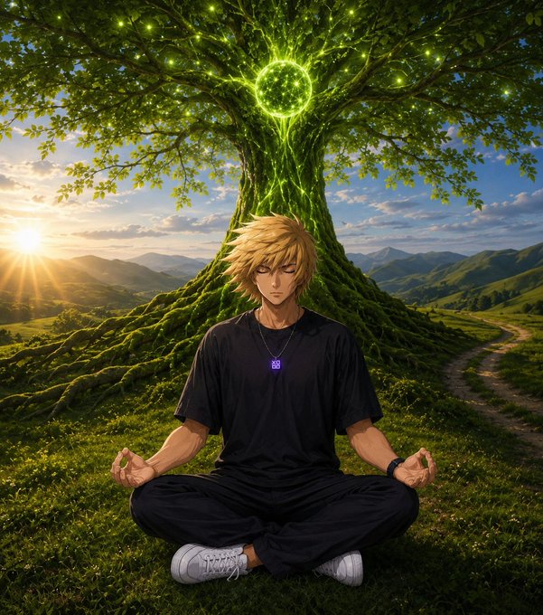 The image features a man sitting cross-legged in front of a tree, surrounded by nature. The scene appears to be set outdoors during sunset or sunrise, creating a serene atmosphere. The man's position near the tree suggests that he might be meditating or practicing mindfulness. The image also contains text about GM Creator and their network security efforts, which could be related to the man sitting in front of the tree symbolizing the importance of building strong foundations for future growth and development.