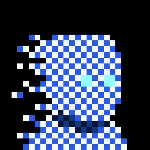 A pixel art character composed of blue and white checkered squares with cyan eyes appears to be dissolving or trailing off on the left side.