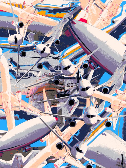A chaotic, stylized illustration featuring numerous airplanes and aircraft fuselages densely packed and overlapping against a bright blue sky, with one plane displaying the text "SP-LFR" and another showing "PRG." The artwork, titled "Airframe Facade," evokes the frenetic energy of a crowded airport or sky filled with aviation machinery, fitting the post's reference to a newly collected NFT artwork.