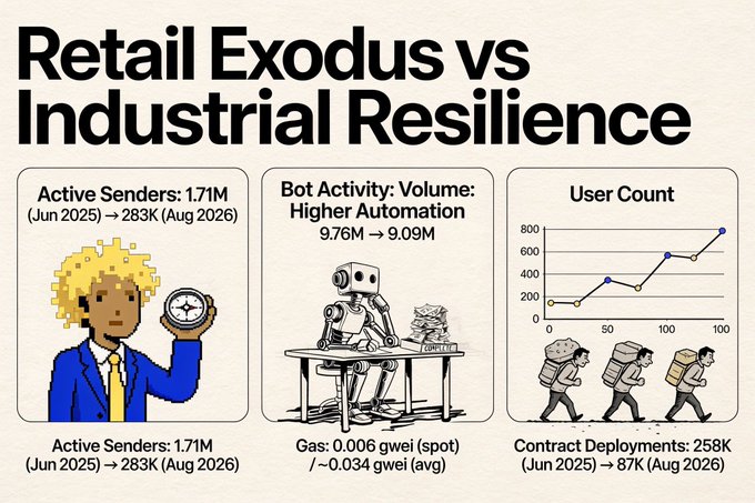 An infographic titled 'Retail Exodus vs Industrial Resilience' featuring a pixel art woman holding a compass labeled 'Active Senders', a robot at a desk labeled 'Bot Activity', and a line chart with hikers below labeled 'User Count' and 'Contract Deployments'.