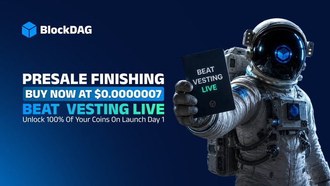 The image features a BlockDAG promotional graphic with an astronaut holding a "BEAT VESTING LIVE" card, advertising a presale at $0.0000007 with the tagline "PRESALE FINISHING—BUY NOW AT $0.0000007" to unlock 100% of coins on launch day. This aligns with the post's announcement of the Beat Vesting Pass being live and the presale ending imminently.