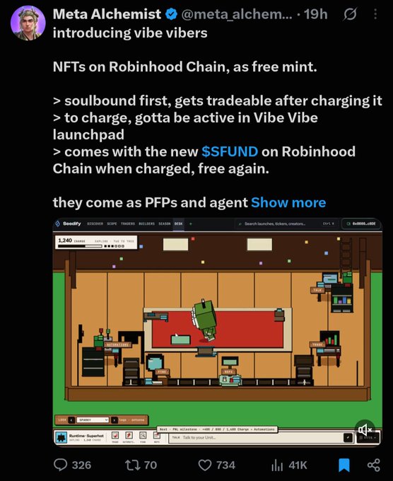 A Twitter/X post by Meta Alchemist (@meta_alchemist) introducing "Vibe Vibers," a free-mint NFT collection on Robinhood Chain that starts soulbound and becomes tradeable after being charged through the Vibe Vibe launchpad, accompanied by a screenshot of the Seedify launchpad page showing the project's metrics.