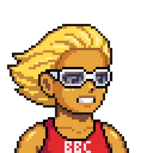 A pixel art portrait of a blonde character wearing white sunglasses and a red top labeled 'BEL' against a black background.