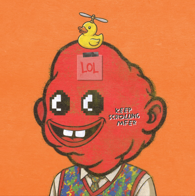 An illustration of a red, smiling bald character with a 'LOL' sticky note on its head, topped with a propeller-helicopter rubber duck, with text reading 'KEEP SCROLLING DAFTER' on an orange background.